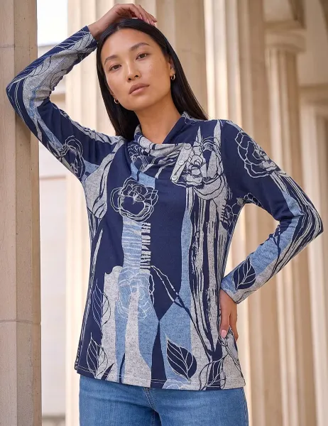 Roman Abstract Print Collared Button Top Blue Mix