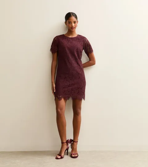 Women's Dark Burgundy Lace T Shirt Mini Dress