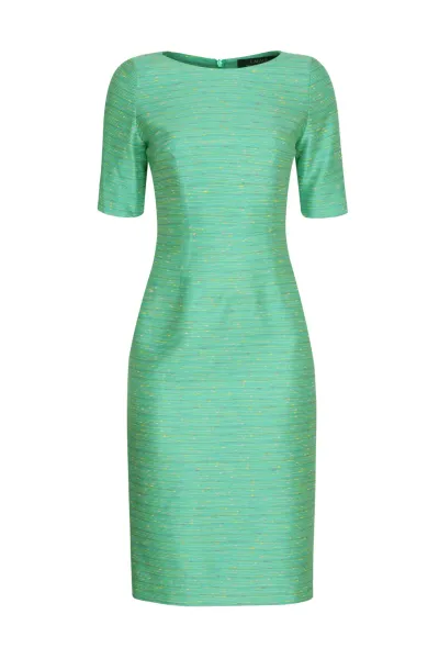 Green Summer Dress with Slub Stripe and Elbow Length Sleeves - Angie