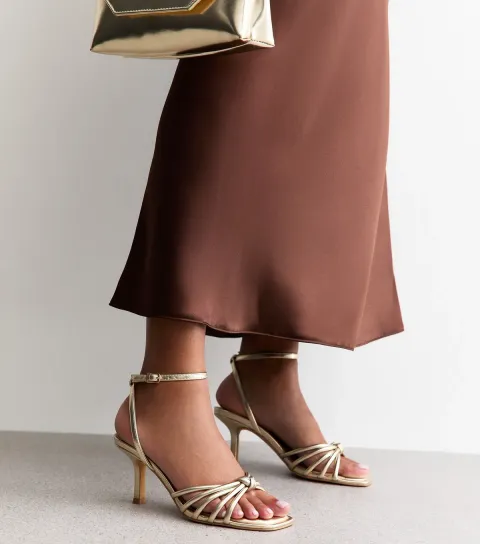 Women's Gold Faux Leather Knot Detail Low Stiletto Sandals Vegan