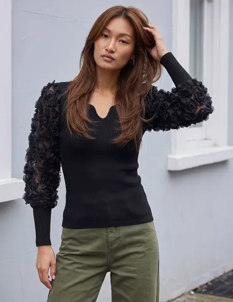 Roman Lace Sleeve V Neck Knitted Top Black Mix