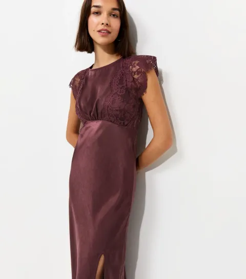 Women's Dark Burgundy Satin Lace Sleeve Split Midi Dress