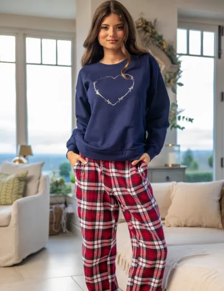 Pour Moi Pure Cotton Heart Check Pyjama Set Navy Mix