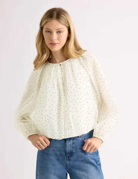 Albaray Flocked Spot Bubble Hem Top Cream Mix