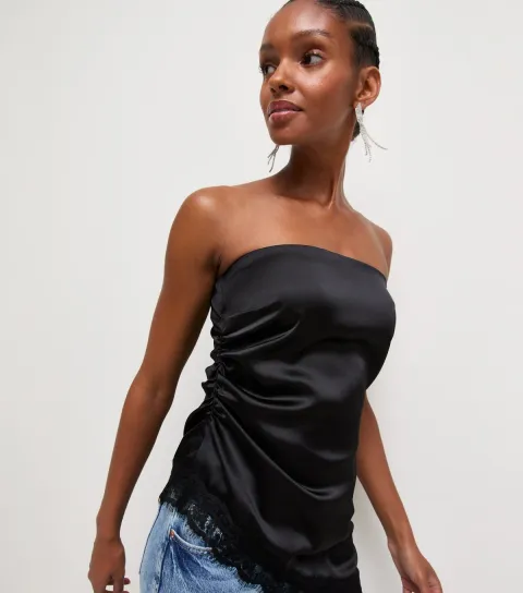 Women's Black Satin Lace Asymmetric Hem Strapless Top
