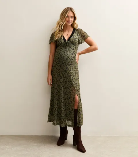Women's Maternity Khaki Floral Mesh Lace Midi