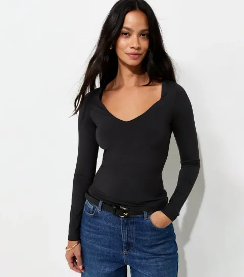 Women's Black Slinky Jersey V-Neck Long Sleeve Top