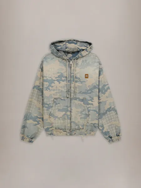 CAMO JACQUARD DENIM ZIP HOODIE - Camo Indigo