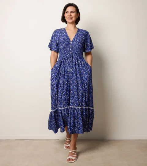 Women's Blue Floral Print Button Front Midi Dress