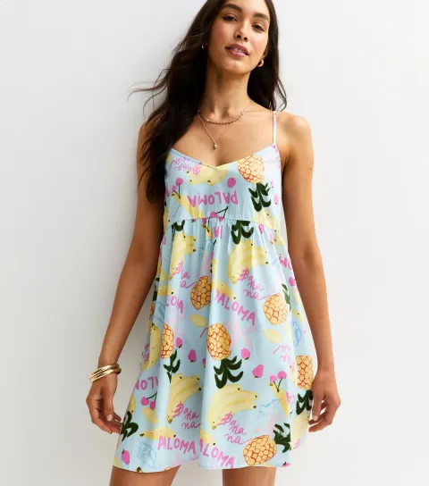 Women's Blue Fruit Print Strappy V Neck Mini Dress