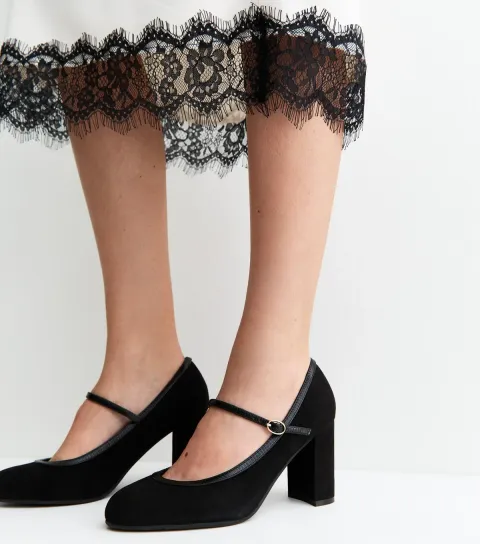 Women's Wide Fit Black Faux Suede Block Heel Mary Janes