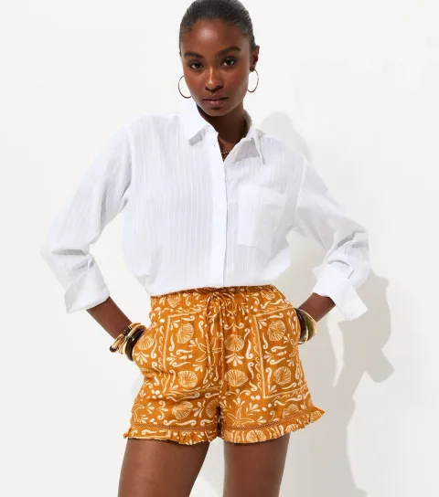 Women's Yellow Shell Print Ruffle Trim Shorts