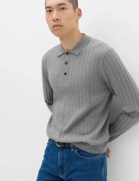 Marks & Spencer Cotton Blend Smart Rib Knit Polo Shirt Silver