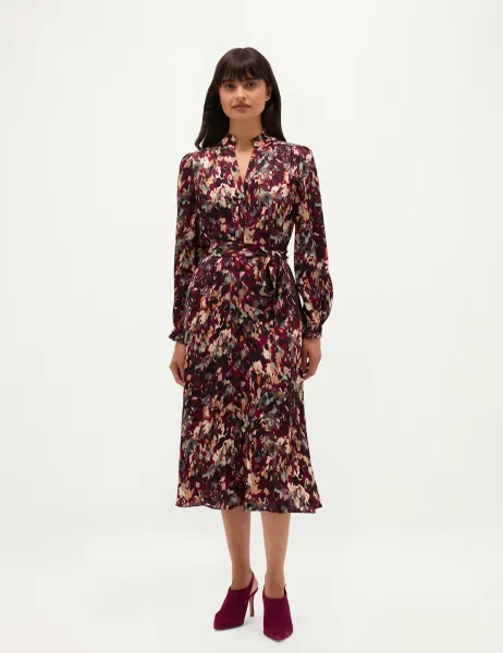 Hobbs Printed Notch Neck Tie Waist Knee Length Skater Dress Purple Mix