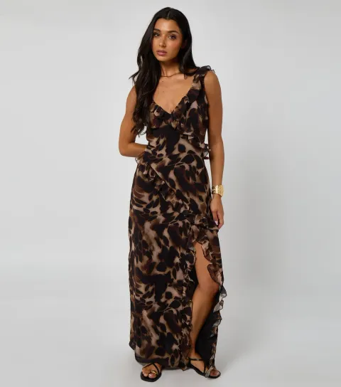 Women's Brown Tortoiseshell Print Ruffled Maxi Dress