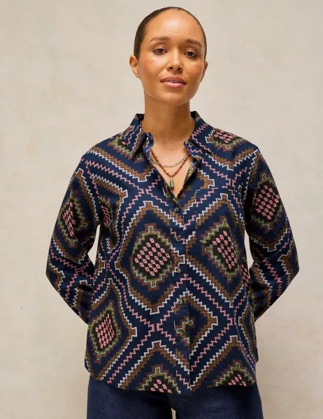 White Stuff Pure Cotton Printed Collared Shirt Navy Mix
