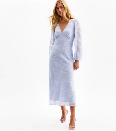 Women's Light Blue V-Neck Floral Devoré Long Sleeve Midi Dress