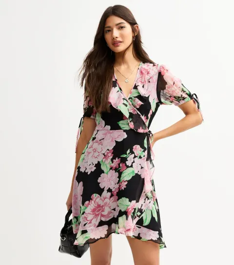 Women's Black Chiffon Floral Print Mini Wrap Dress