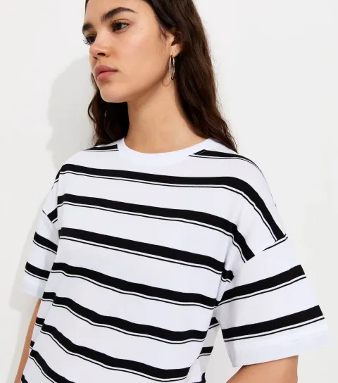 Women's White Cotton Striped Oversized Boxy Fit T-Shirt