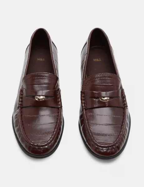 Marks & Spencer Textured Penny Flat Loafers Burgundy