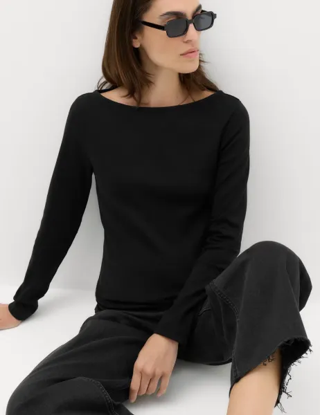 Marks & Spencer Cotton Rich Premium Slash Neck Top Black