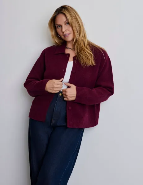 Live Unlimited London Wool Blend Collared Button Front Cardigan Burgundy