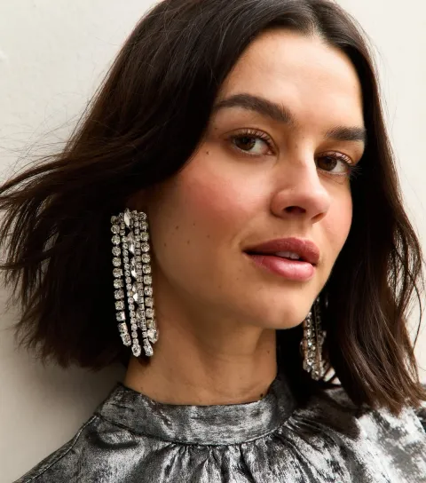 Silver Tone Diamante Tassel Earrings