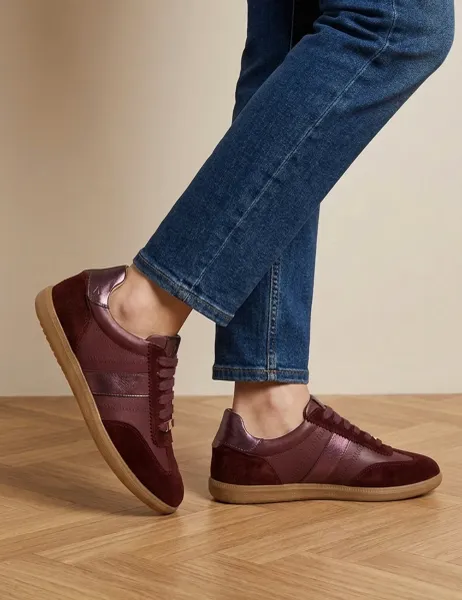 Jones Bootmaker Suede Lace Up Cupsole Trainers Burgundy
