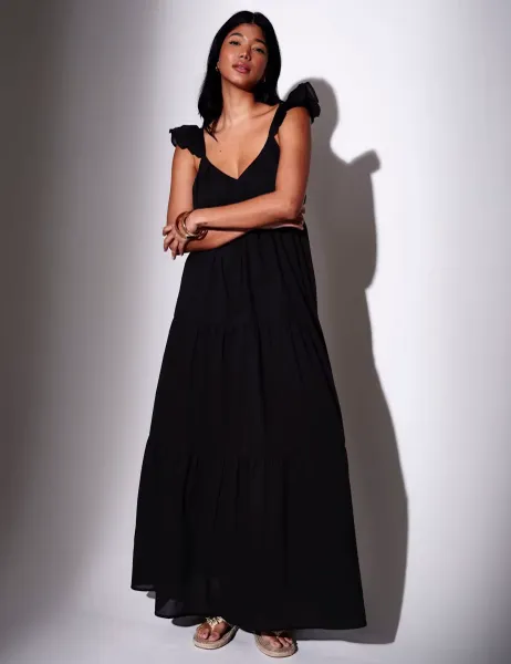 South Beach Pure Cotton Frill Sleeve Maxi Tiered Beach Dress