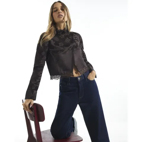 River Island Lace Trim Satin Jacquard Top