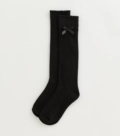 Girls' Black Bow Trim Knee High Socks