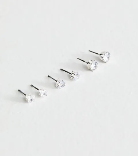 New Look Pack Of 3 Silver Tone Diamante Gem Mixed Stud Earrings