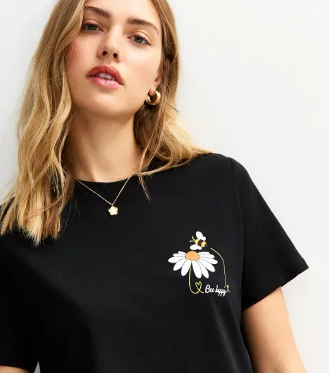 New Look Women's Black Bee Happy Relaxed T-Shirt