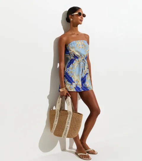 Women's Blue Shell Print Beach Playsuit
