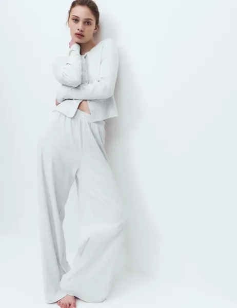 Marks & Spencer Cotton Rich Ribbed Wide Leg Pyjama Bottoms Grey Marl