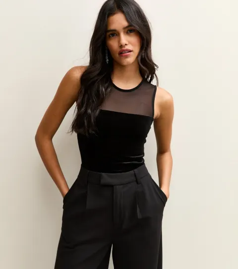 New Look Women's Black Mesh Velvet Sleeveless Bodysuit