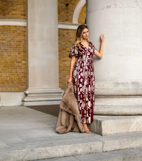 Women's Dark Burgundy Floral Midi Dress