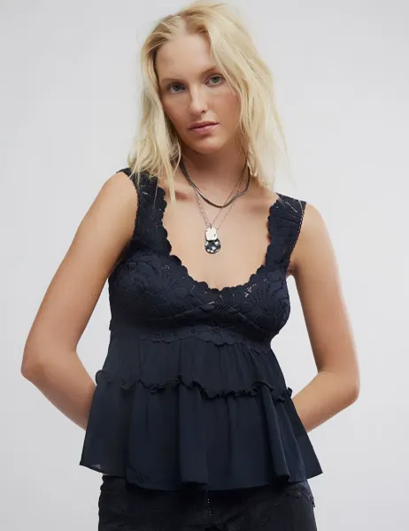 Lace Trim Tiered Peplum Hem Camisole Black