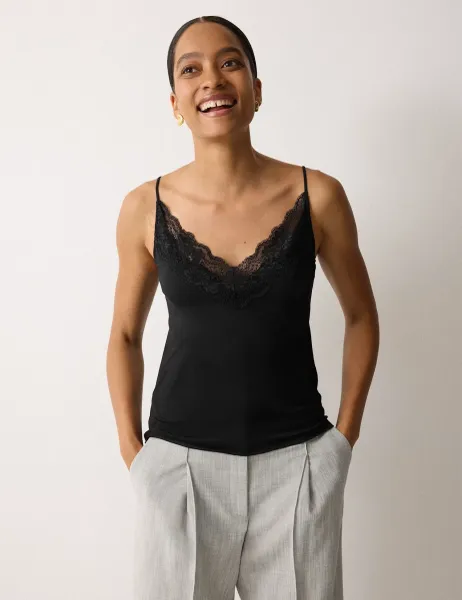 Modal Rich V-Neck Lace Trim Cami Top Black