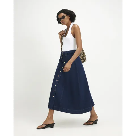 River Island Belted Pocket Denim Midi Skirt