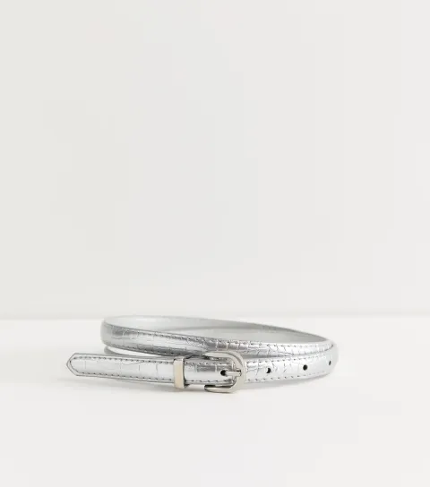 Silver Faux Leather Croc Embossed Skinny Belt