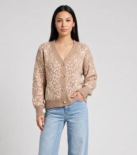 Gini London Women's Stone Leopard Pattern Knitted Cardigan