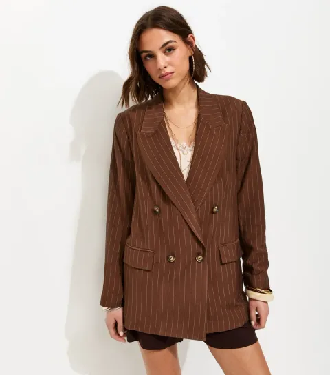 New Look Women's Brown Pinstripe Double Breasted Blazer