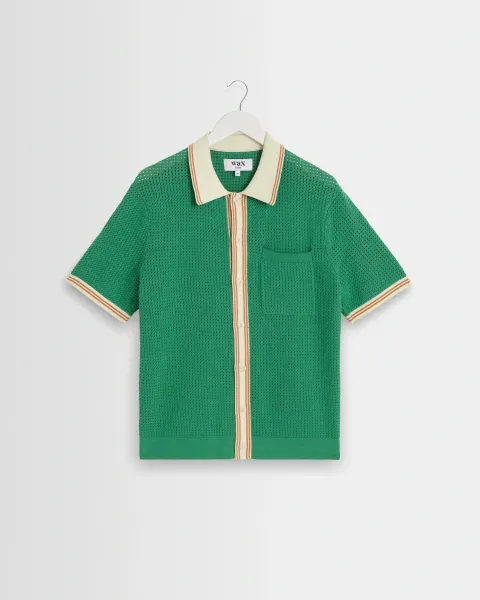 Belle - Green Tipped Pointelle Polo Shirt