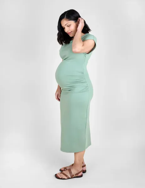JoJo Maman Bébé Maternity Ruched Midi Bodycon Dress Sage
