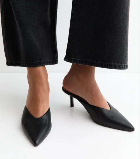 Women's Black Faux Leather V-Cut Mules Vegan