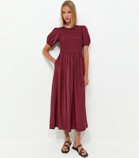 Women's Dark Burgundy Shirred Short Sleeve Midi Dress