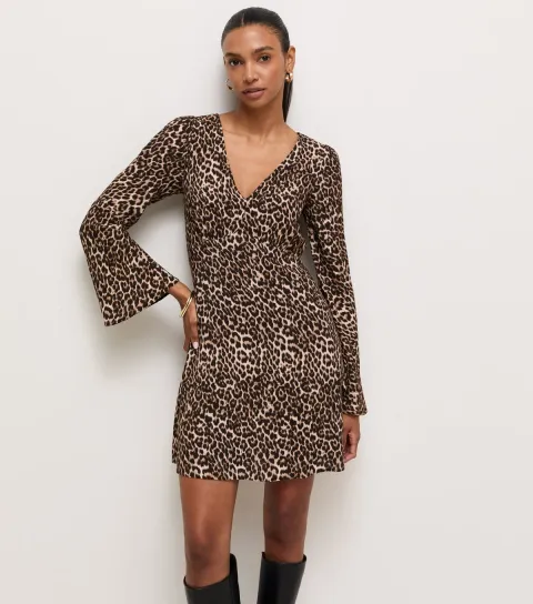 Women's Brown Leopard Print Mesh V-Neck Flared Sleeve Mini Dress