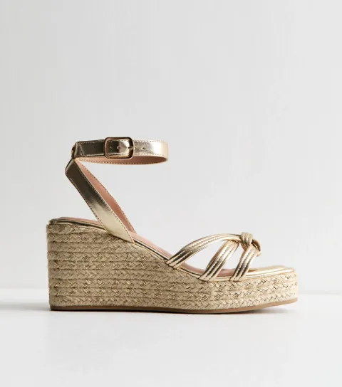 Women's Wide Fit Gold Faux Leather Knot Wedge Sandals Vegan