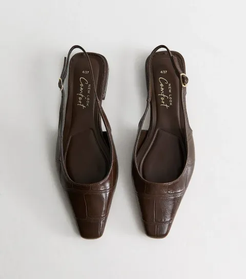 Women's Dark Brown Croc Embossed Pointed Slingback Pumps Vegan